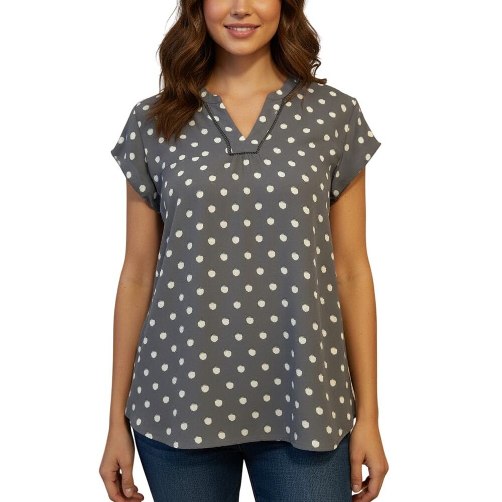 41 Hawthorn Split Neck Blouse Women’s Gray White Polka Dot Short Sleeve XS NWT